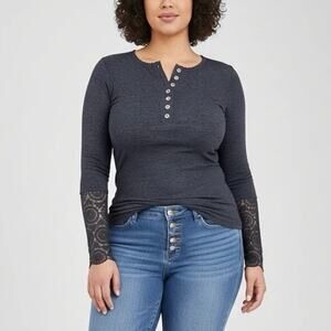 Kancystore Charcoal Gray Henley Blouse with Lace Cuffs Size XL Long Sleeve